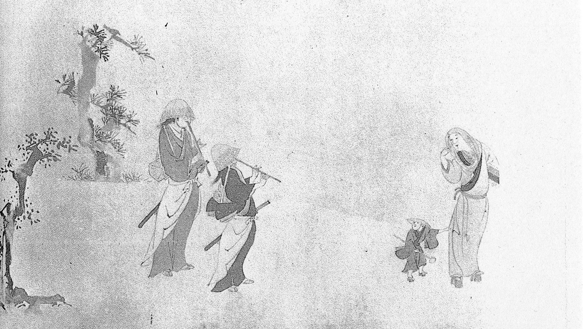 Picture of two komosō with swords - illustration possibly by Iwasa Katsumochi Matabei, 1578-1650